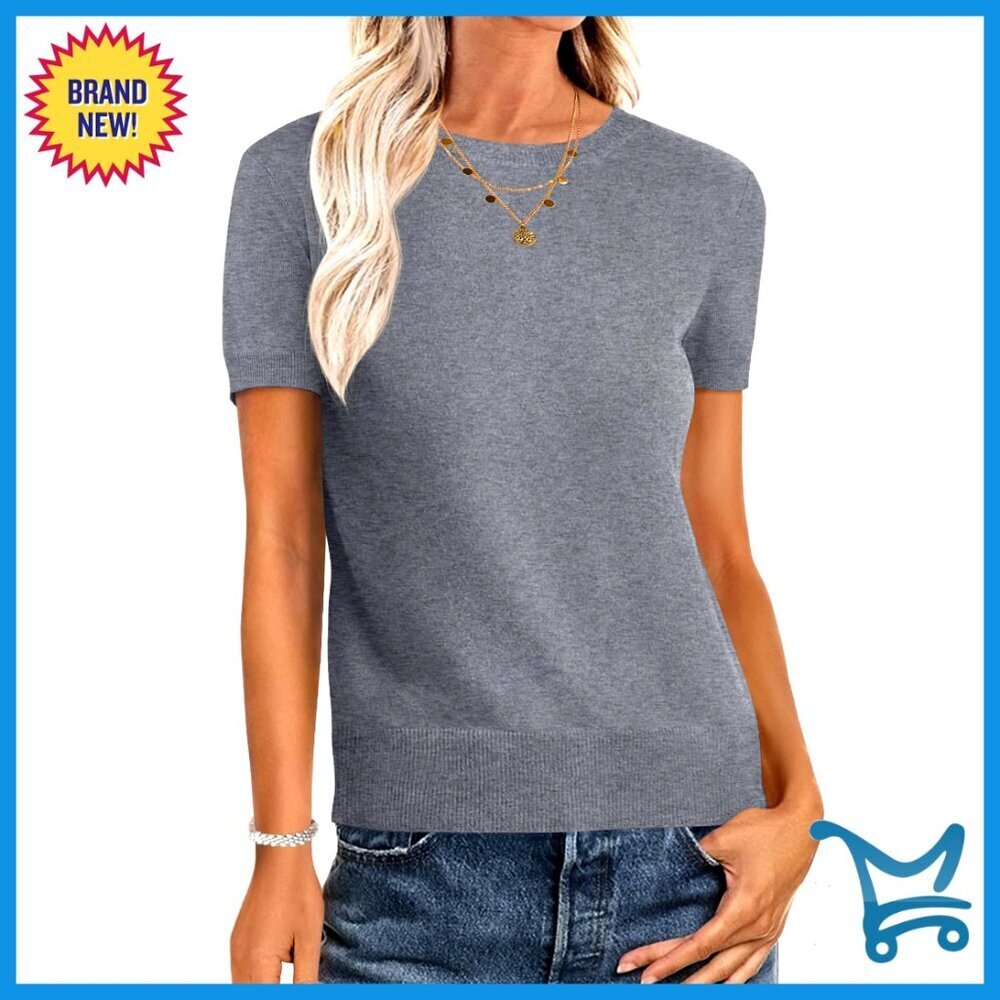 Wool Blend Short Sleeve Sweater Crew Neck Business Casual Work Top Summer